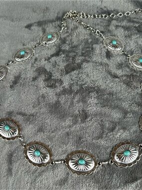 Western Style Oval Turquoise Stone Concho Chain Belt Womens Adjustable Large
